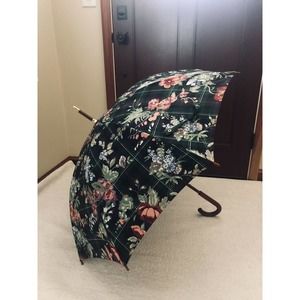 Vintage RALPH LAUREN Wood Handle Tartan Plaid Floral Umbrella 40" Gorgeous